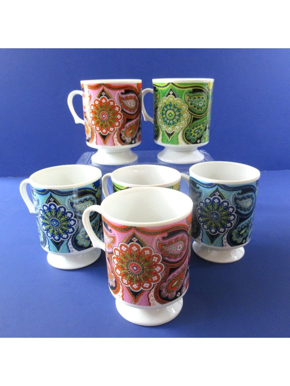 Vintage Set Of 6 Paisley Pedestal Cottee Mugs Stackable 1960's "Mod" MCM Japan